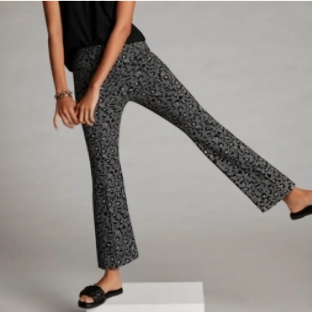 Maeve Mollie Anthropologie Leopard Print Flare Pants Black Grey Animal Size XS